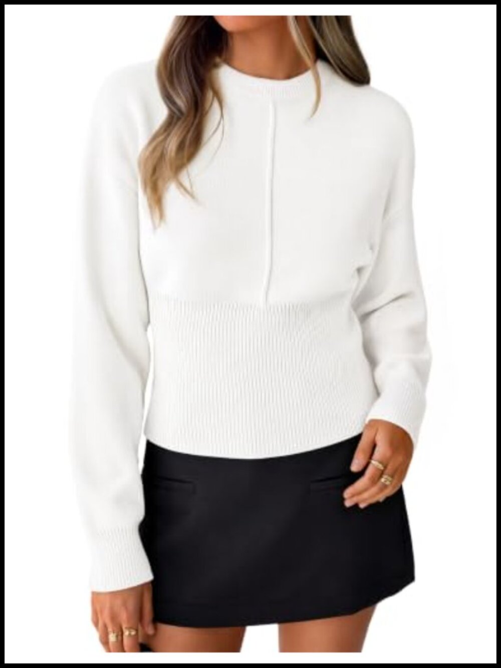 Ribbed Knit Crew Neck Pullover Sweater Cinched Waist Long Sleeve